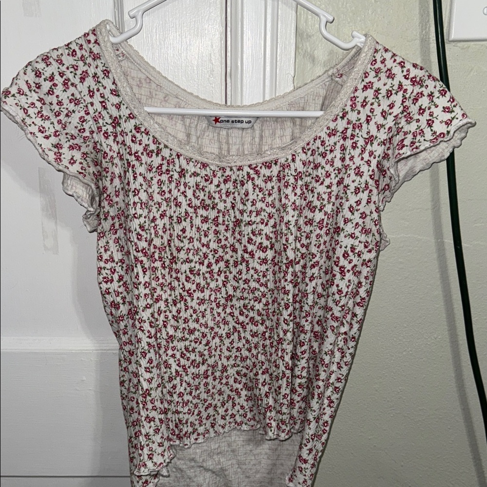 One Step Ahead Floral Blouse with Red and Cream Pattern